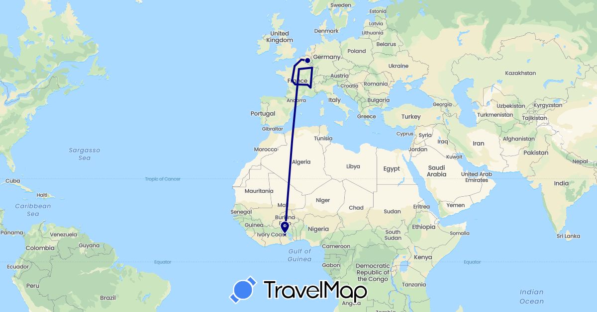 TravelMap itinerary: driving in Belgium, France, Ghana (Africa, Europe)